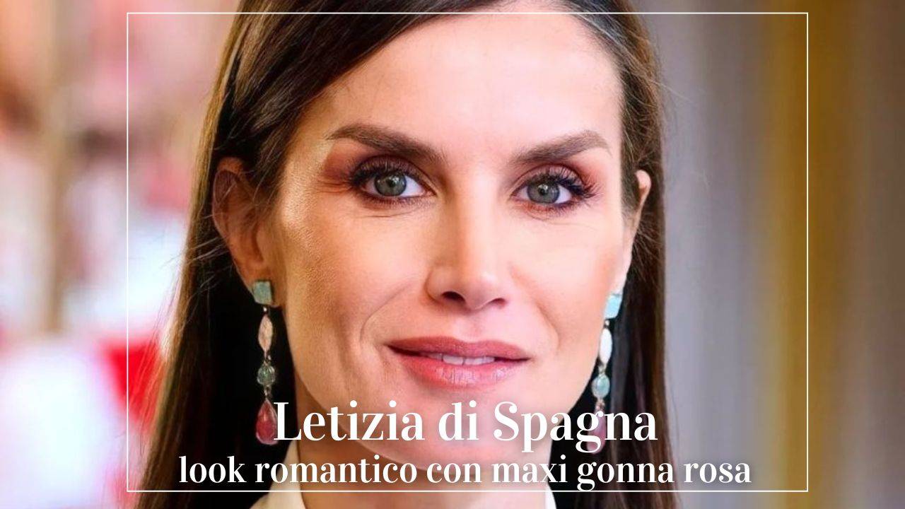 Letizia di Spagna look romantico maxi gonna rosa